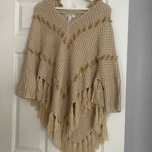 Women's Knit Poncho with Fringe Hem in Tan